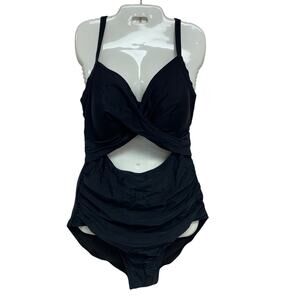 Womens Medium Black Keyhole Thin Strap Back Tie Padded One Piece Swimsuit